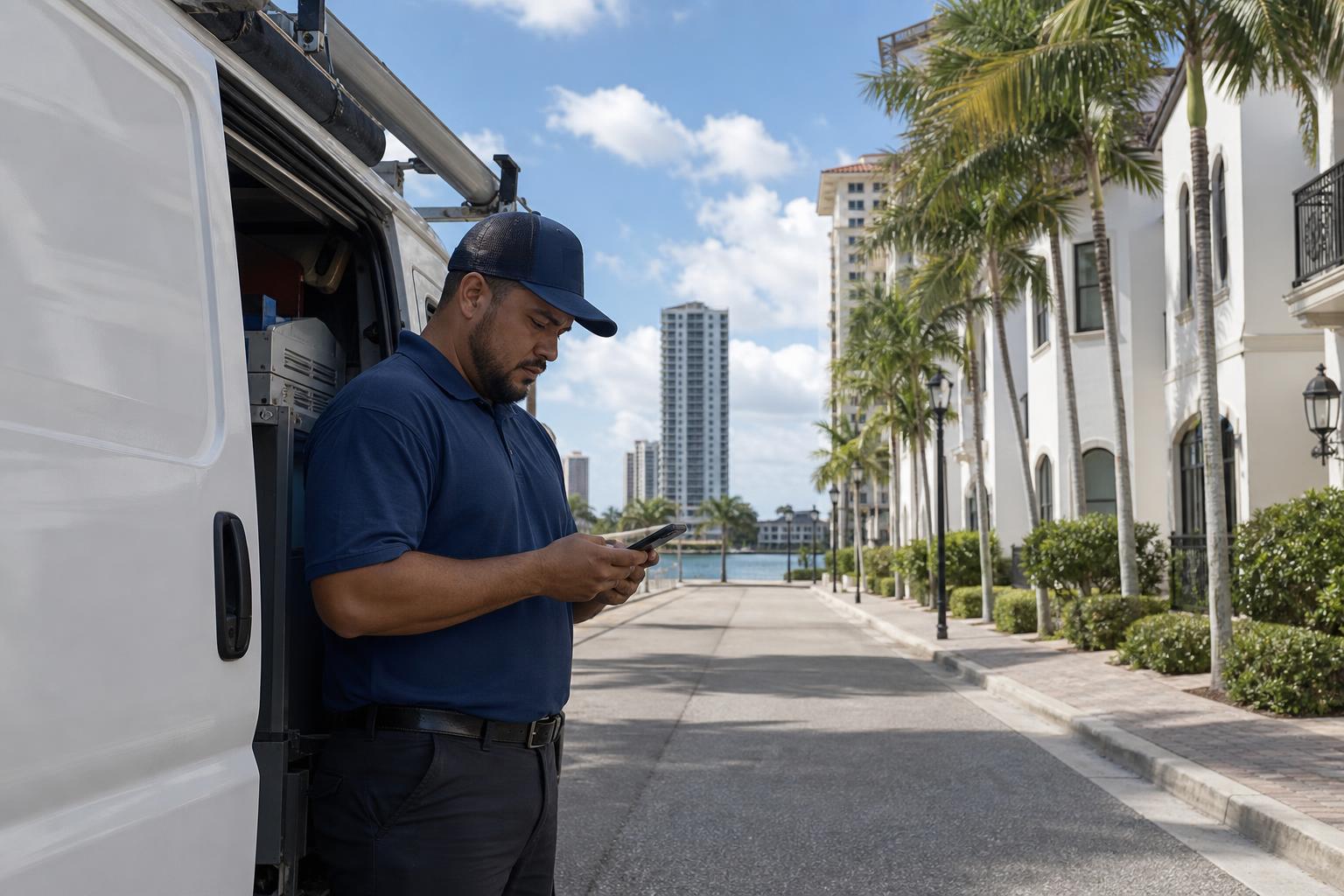 Home-service technician beside a work van on a Fort Myers residential street checking a phone in bright daylight