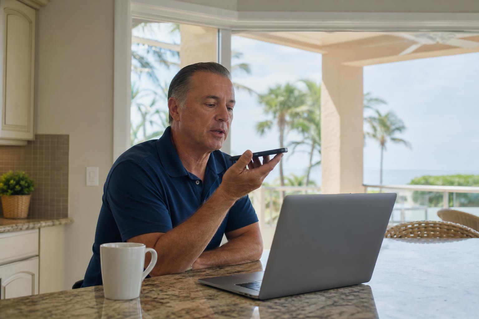 Home-service business owner at a kitchen counter in Marco Island, Florida asking a question into his phone with a laptop open beside him