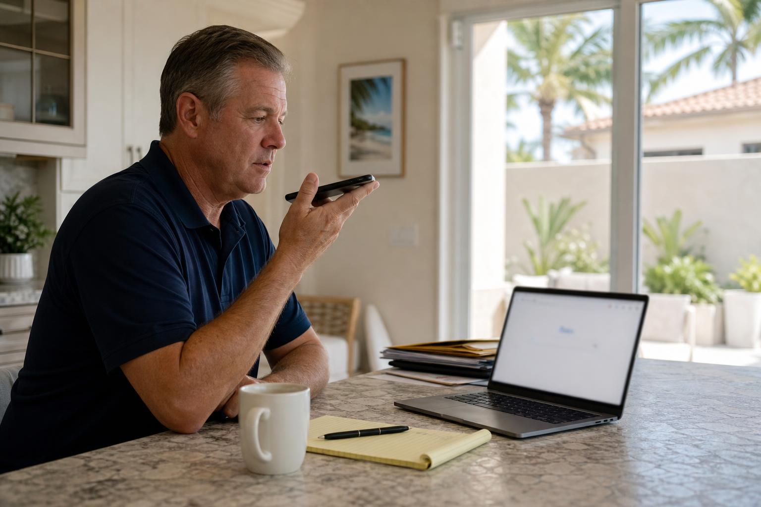 Home-service company owner asking his phone a question at a bright Florida kitchen island with a laptop out of focus beside him