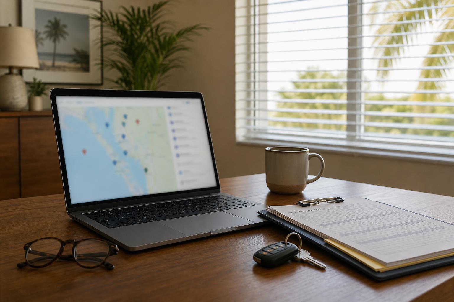 Open laptop showing a soft out-of-focus map and search result on a home-service company office desk in Southwest Florida