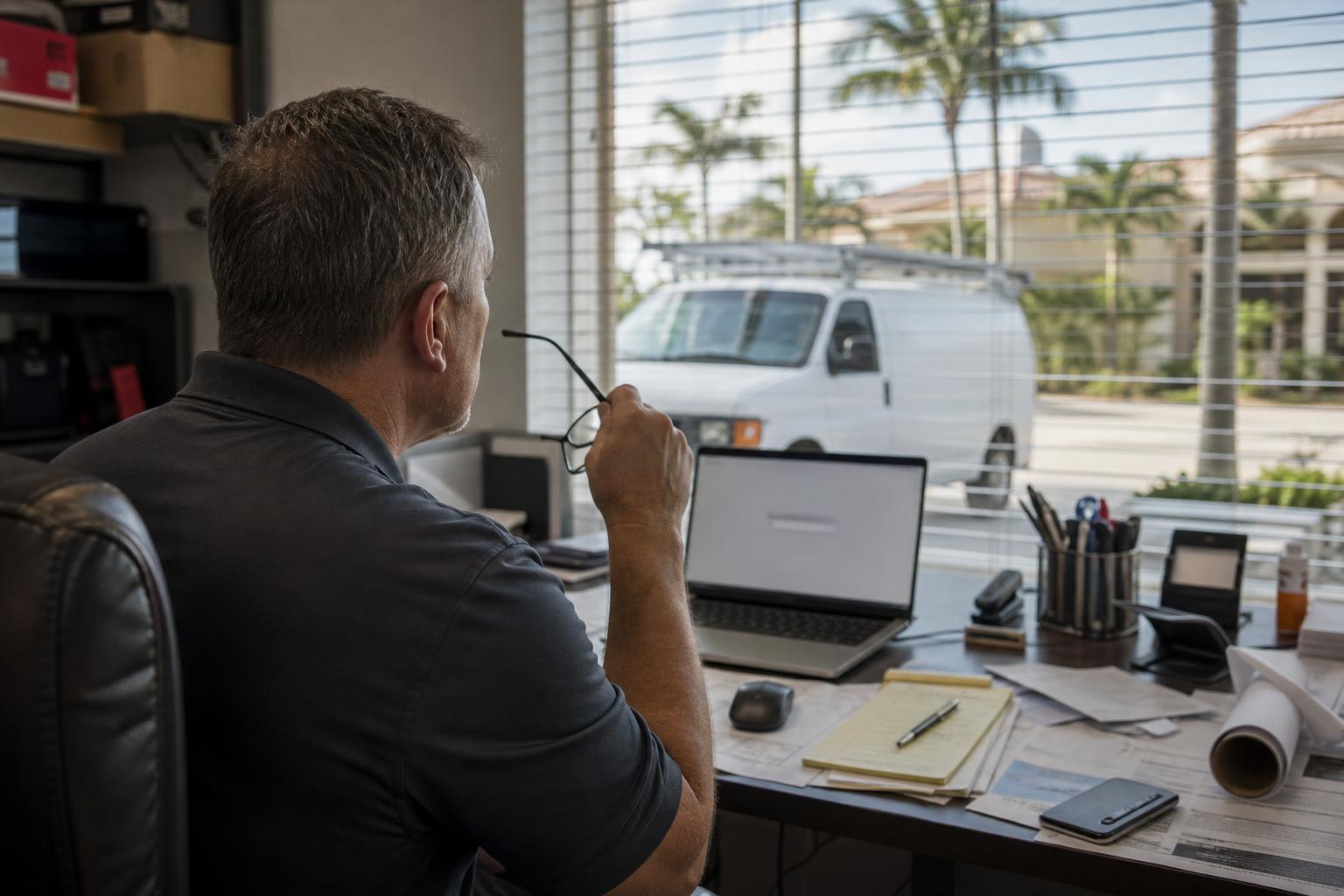 Home-service company owner at his shop desk in Southwest Florida reviewing an AI search answer on a laptop, service van outside the window