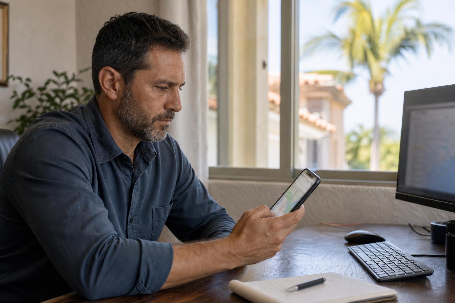 Home-service business owner checking map search results on a phone at a desk in a Southwest Florida office