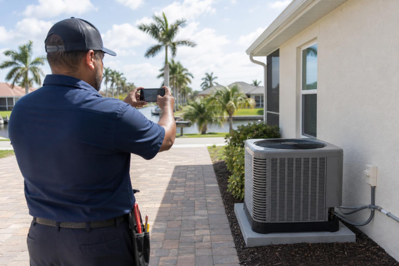Technician photographing a completed AC installation with a phone outside a Cape Coral home
