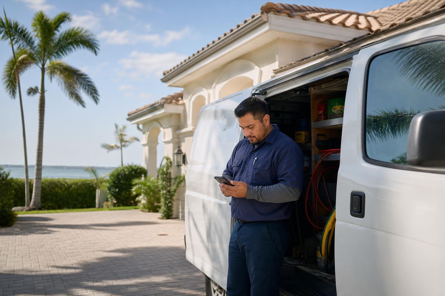 HVAC technician beside an open service van in the driveway of a Naples, Florida home, checking a phone