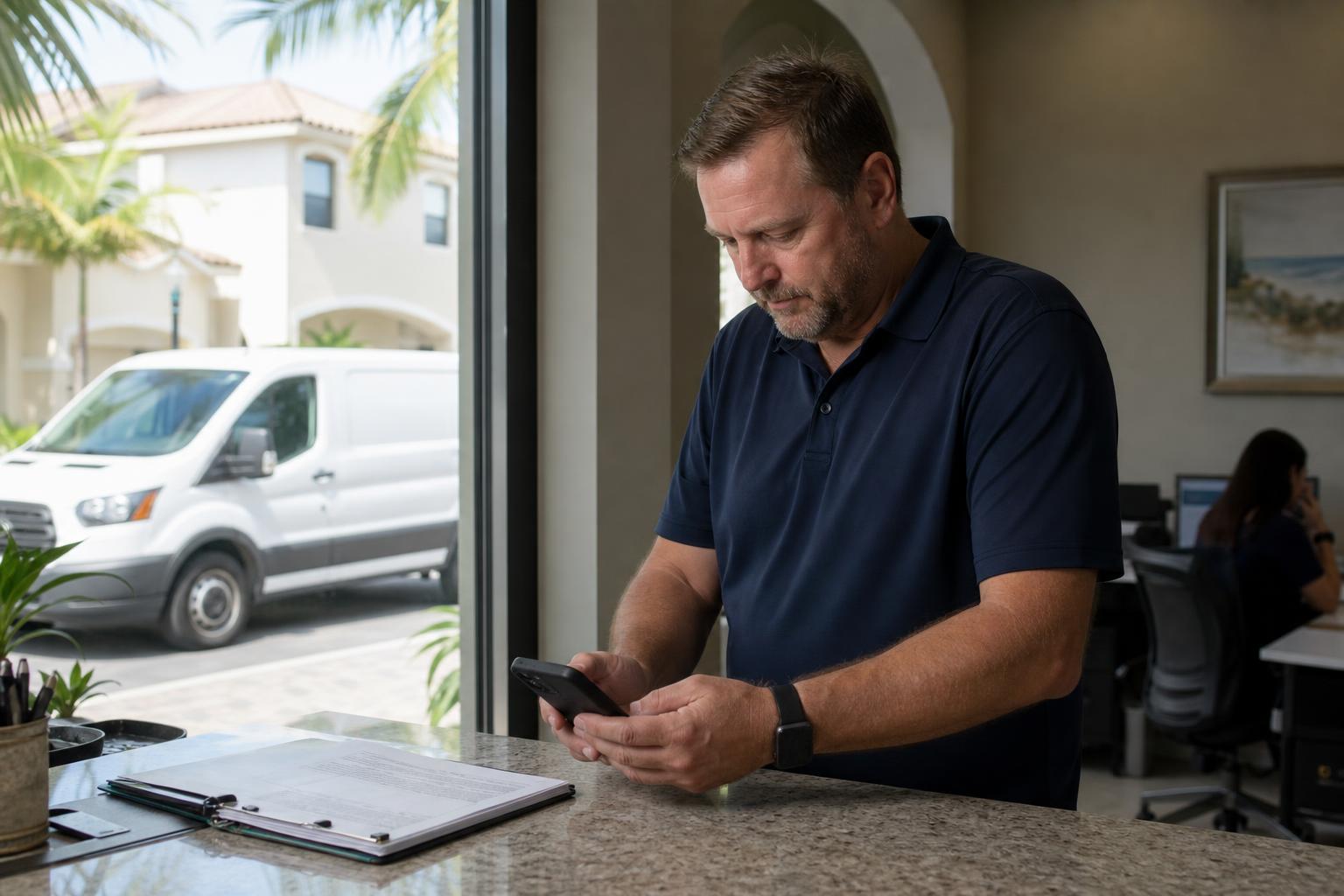 Owner of a Naples, Florida service company reviewing his phone at the front counter with a work van parked outside the window