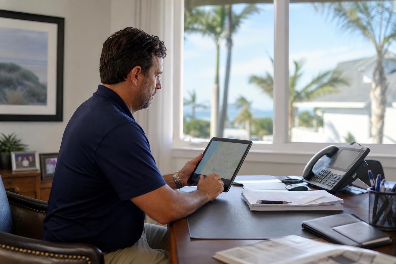 Local business owner reviewing a tablet with a map interface at a desk in a Southwest Florida office with palm trees visible through the window