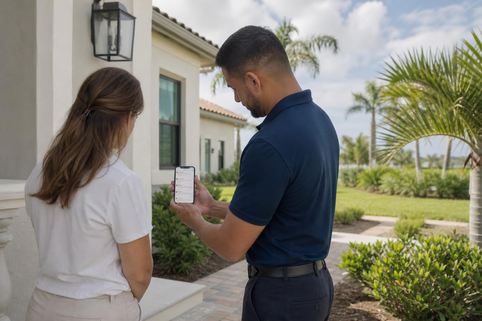 Technician holding a phone showing an out-of-focus review screen outside a stucco home in bright daylight