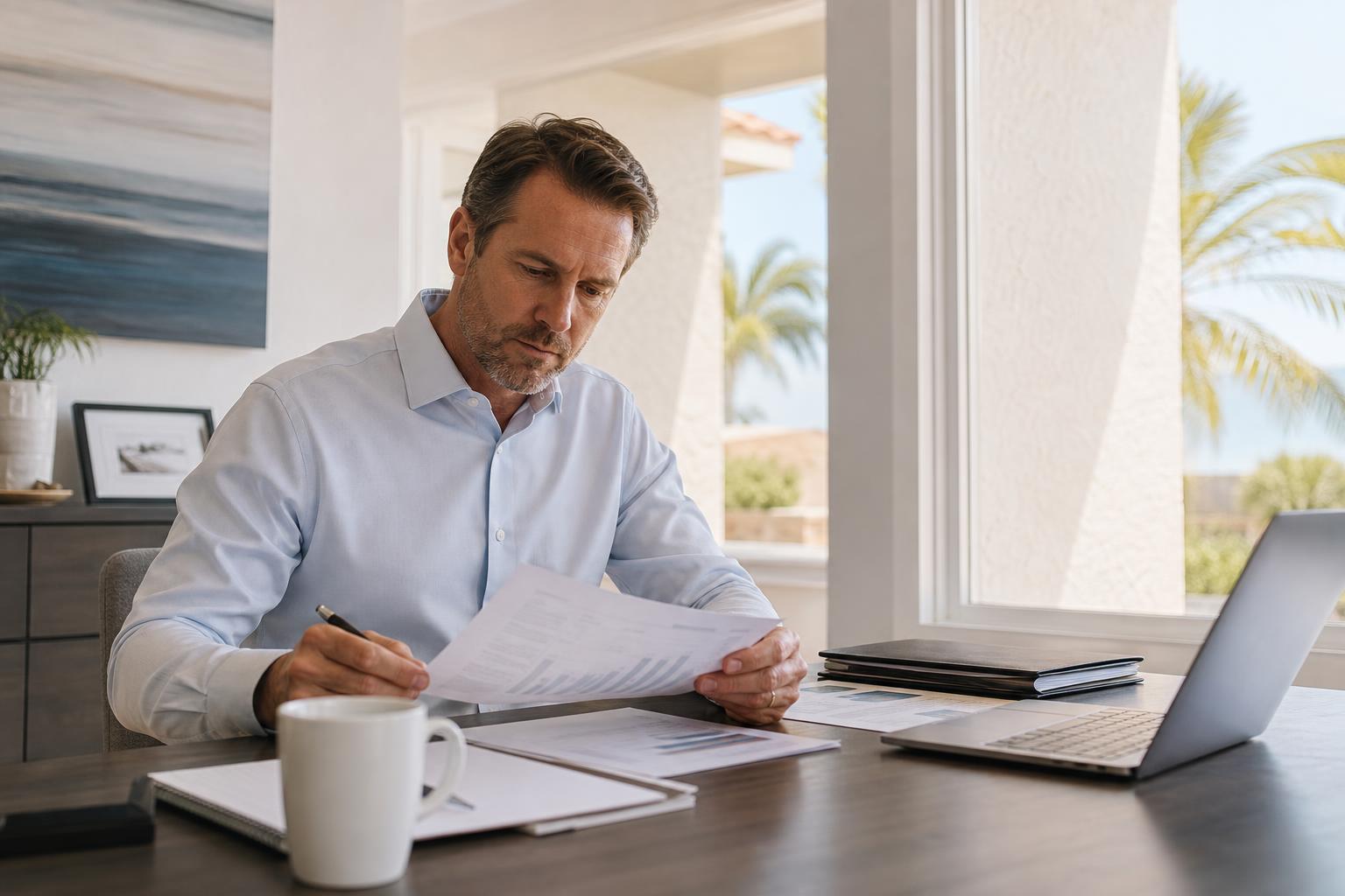 Business owner reviewing a printed marketing report at a desk in a bright Florida office