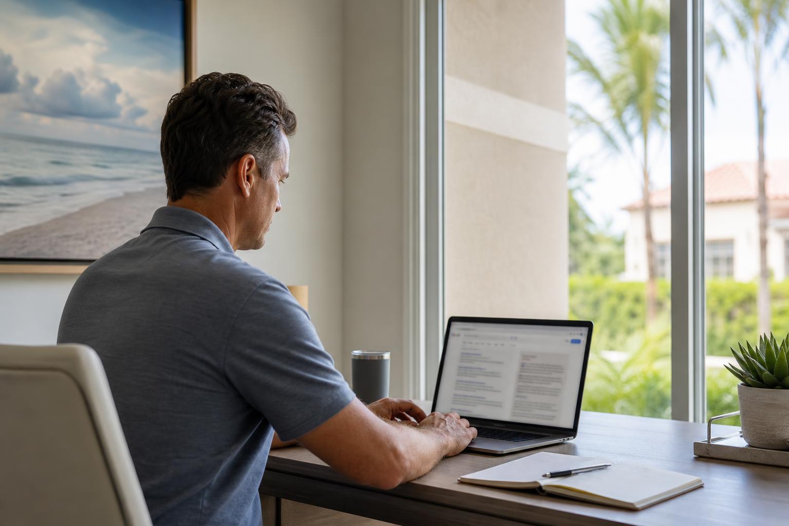 Business owner reviewing a blurred AI search results page on a laptop in a Southwest Florida office