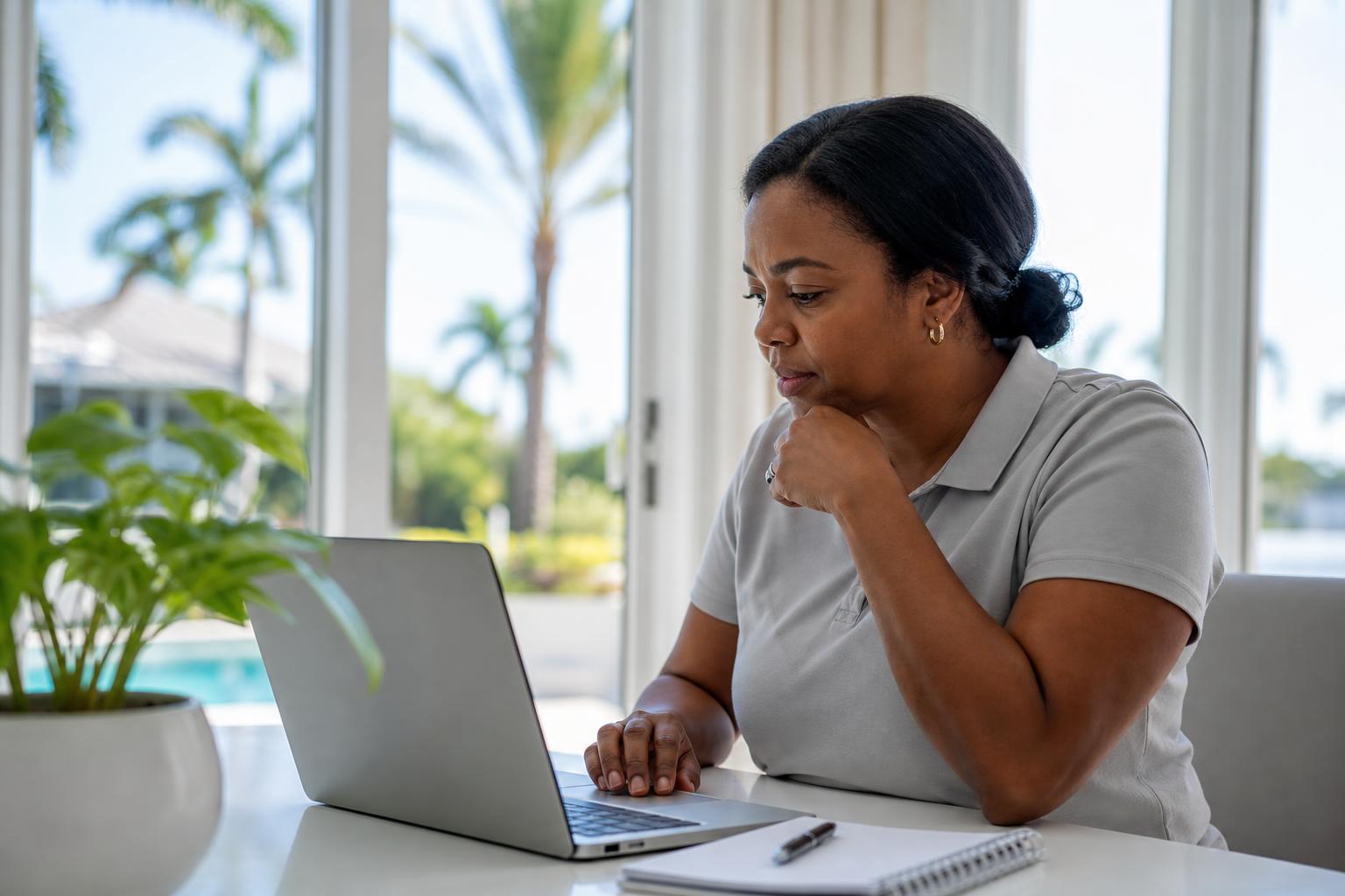 Soft out-of-focus laptop search beside a notebook on a bright desk with a plant and window light