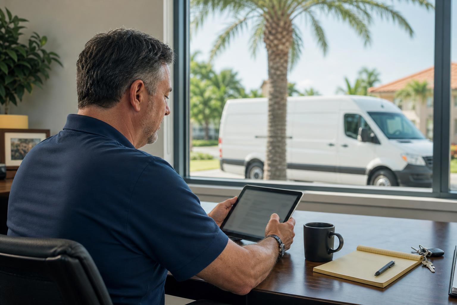 Owner of a home-service company reading on a tablet at his front-office desk, service van parked outside under a palm tree