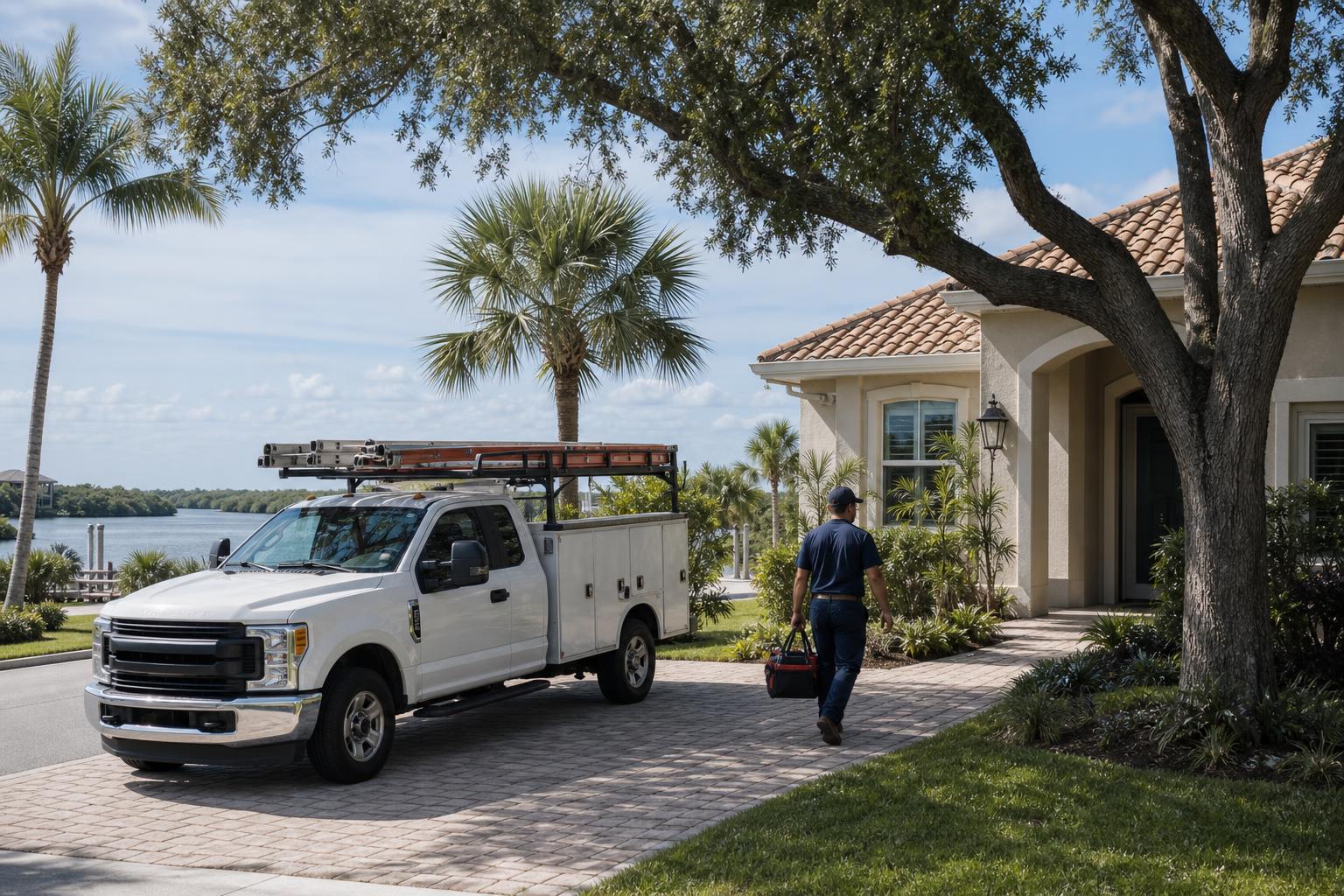 Plumbing service truck in the driveway of a stucco, tile-roofed home in Bonita Springs, Florida, with a technician carrying a tool bag toward the door and the Imperial River behind