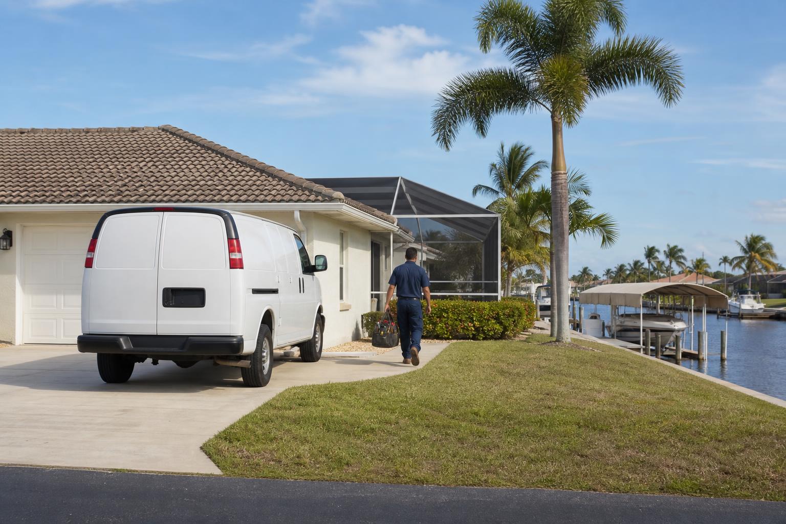 Plumbing service van parked at a canal-front ranch home in Cape Coral, Florida, with a seawall and covered boat lift behind the house and a technician carrying tools to the side door
