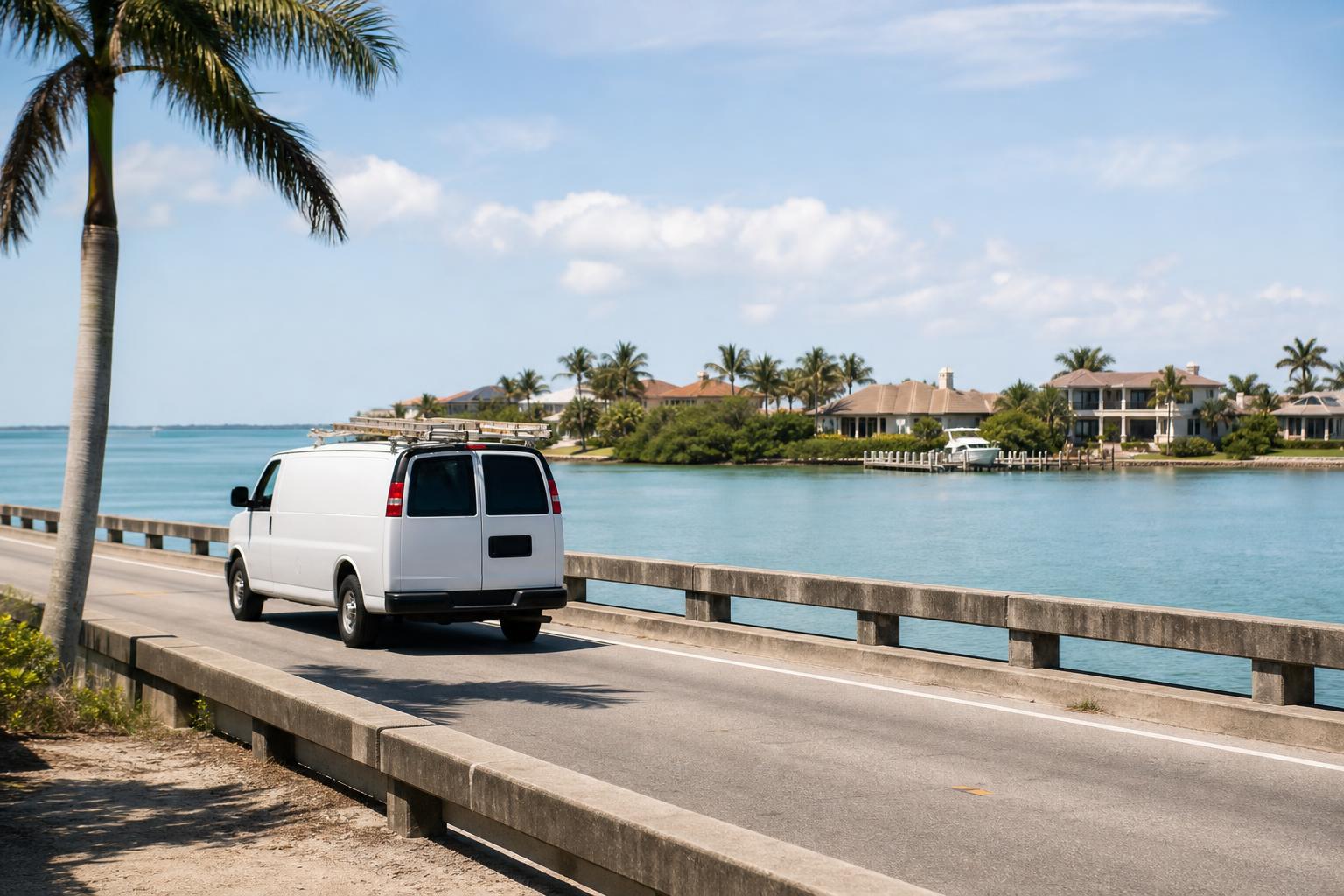 Home-service van crossing a causeway bridge over bay water toward Marco Island, Florida