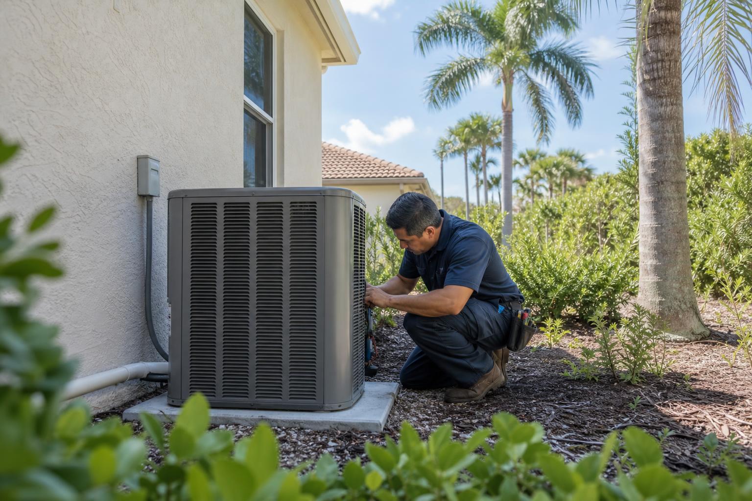 HVAC technician servicing an outdoor AC unit at a Southwest Florida home