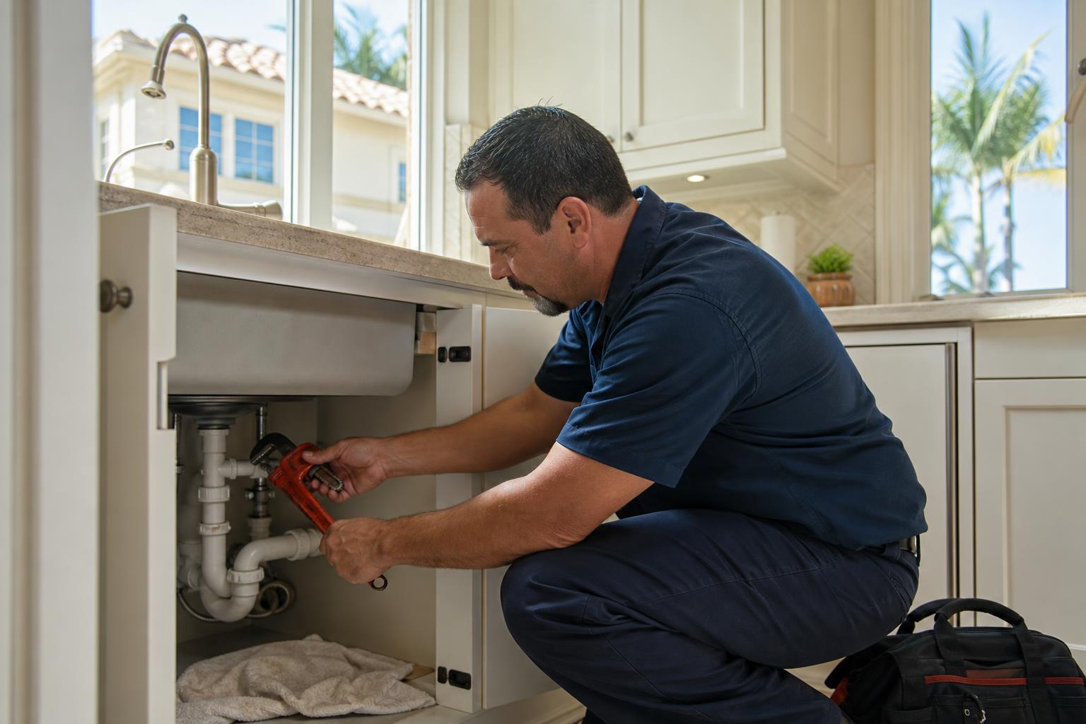Plumber working under a kitchen sink in a Southwest Florida home