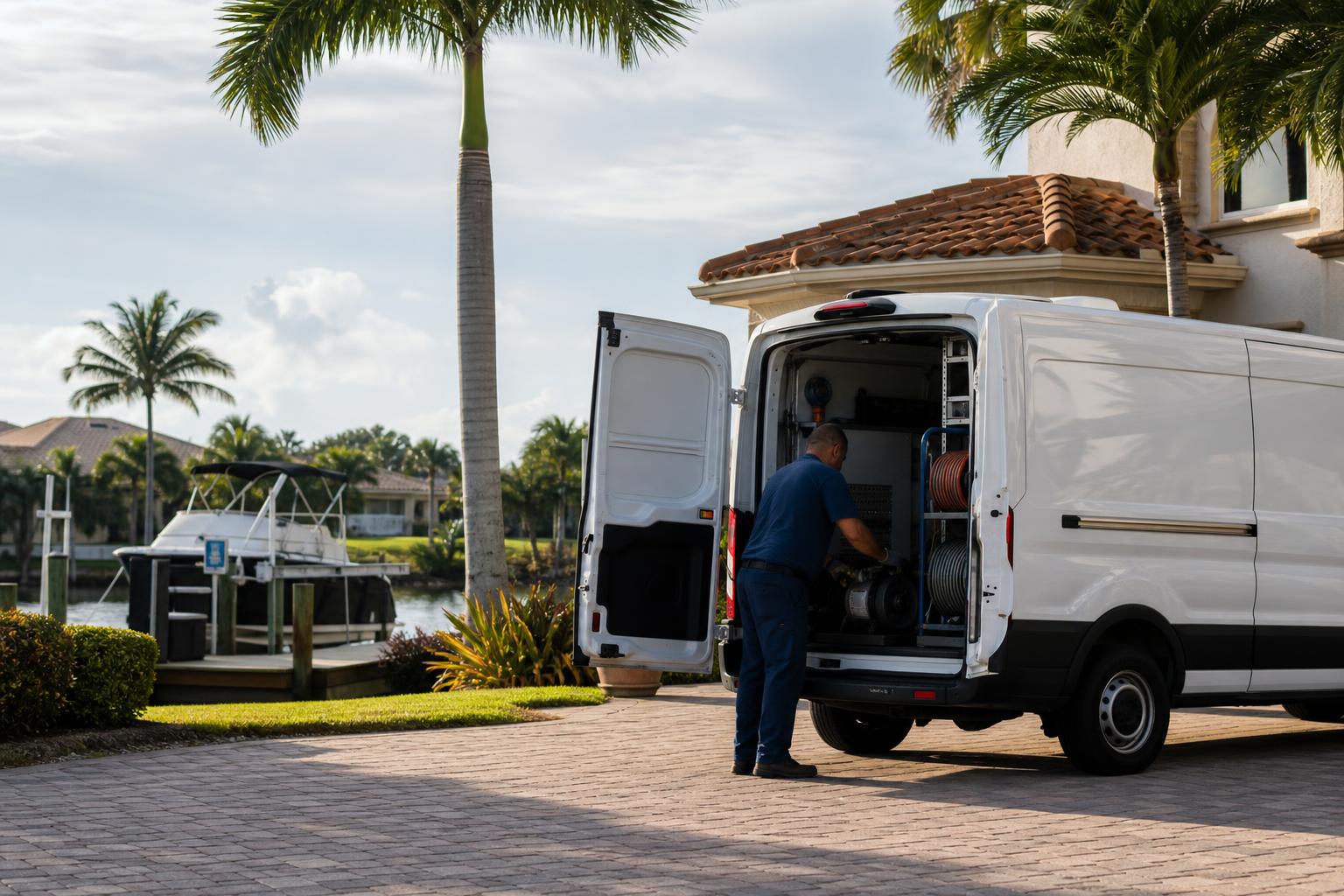 Plumbing service van in the paver driveway of a canal-front Fort Lauderdale home with a dock and boat lift on the water behind it