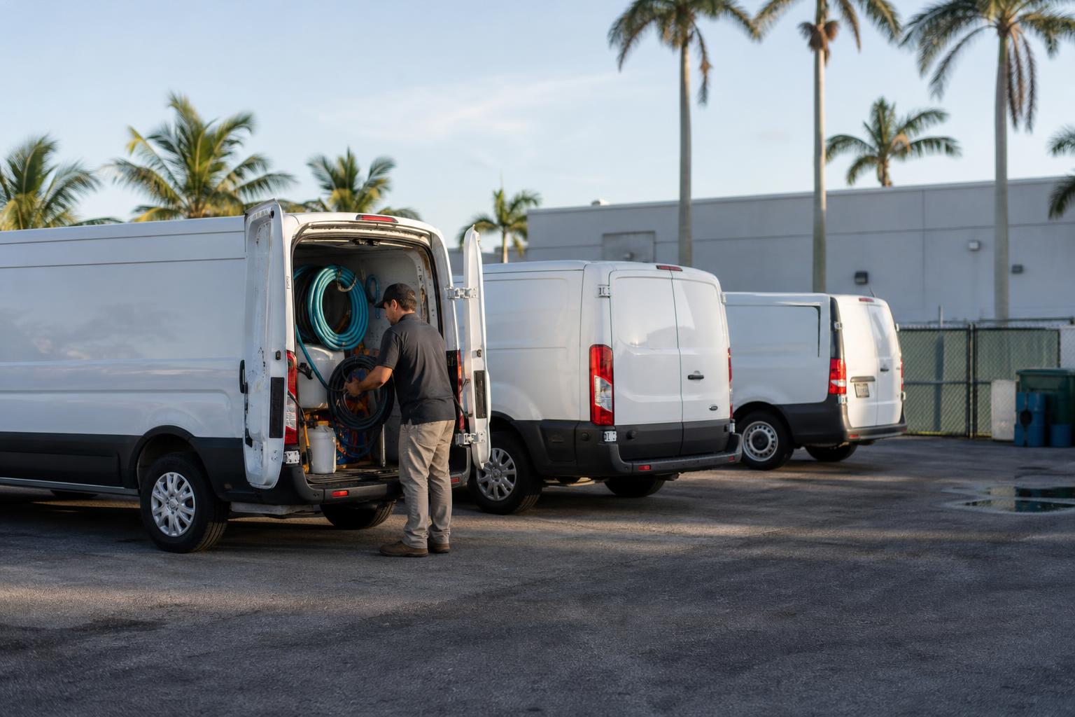 Three white service vans lined up in a Fort Myers, Florida home-service company yard at sunrise while a technician loads equipment