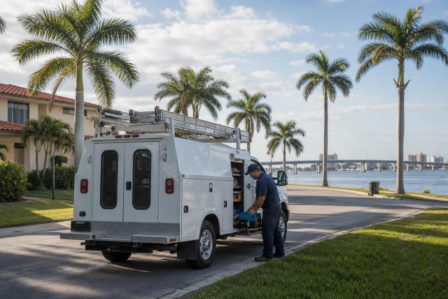 Home-service truck with a ladder rack parked on a palm-lined residential street in Fort Myers, Florida, with a technician unloading equipment and the Caloosahatchee River in the distance