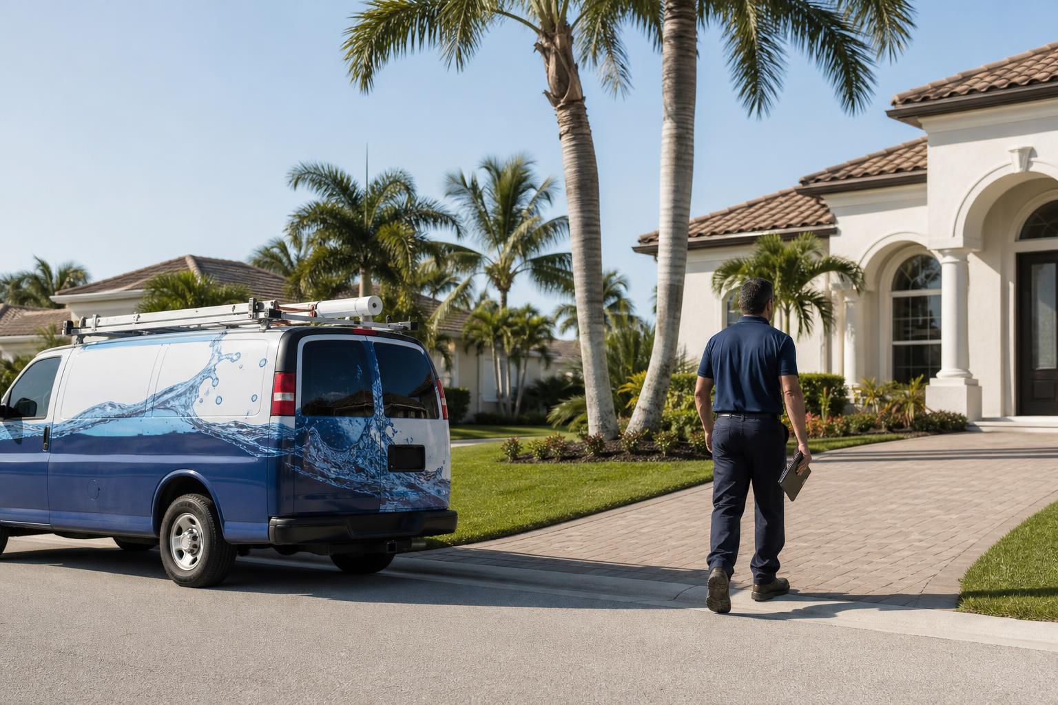 Plumbing technician walking up the driveway of a Naples, Florida home from a service van
