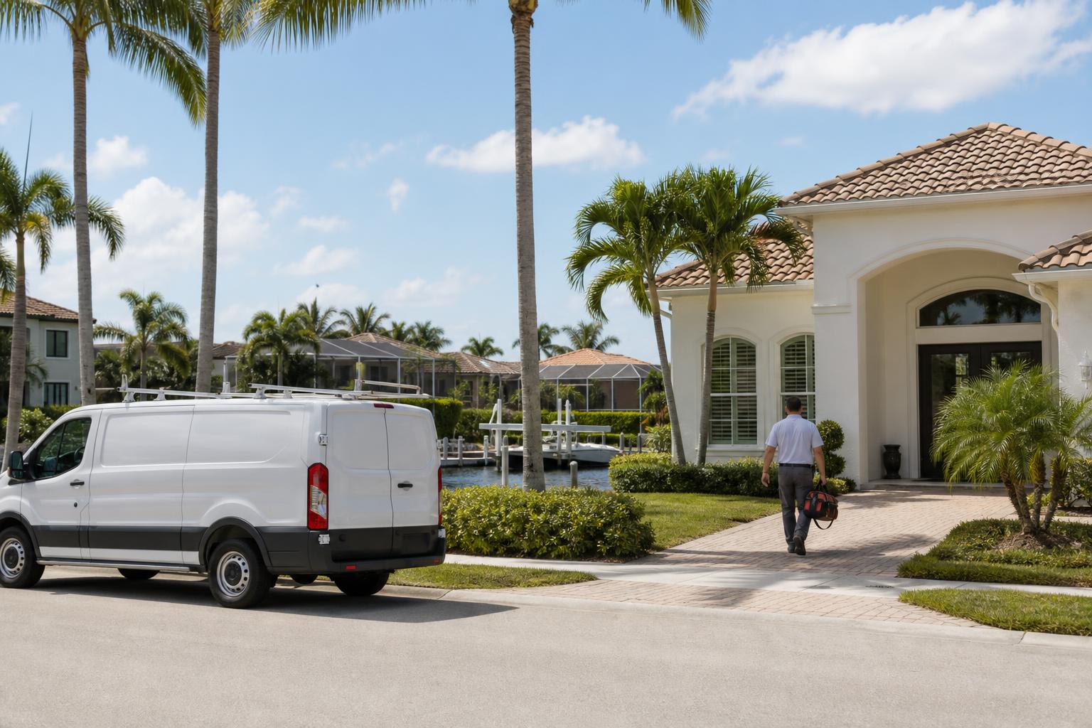 Plumbing service van parked on a canal-front residential street on Marco Island, Florida, with a technician walking toward a stucco home