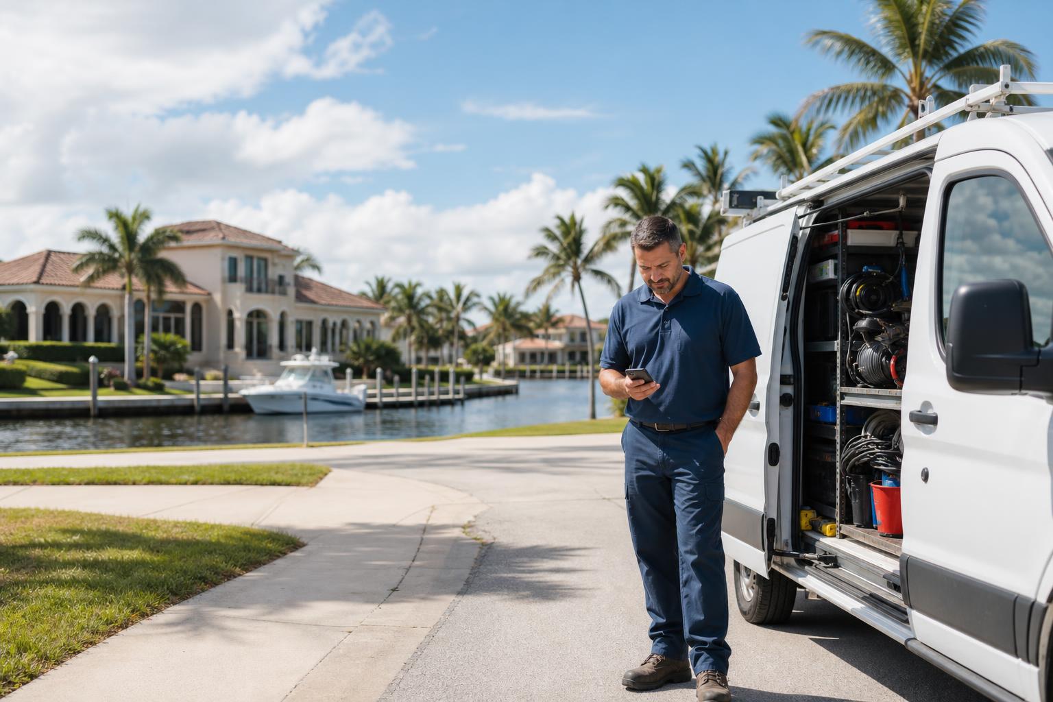 Home-service technician checking a phone beside a service van on a Marco Island, Florida residential street
