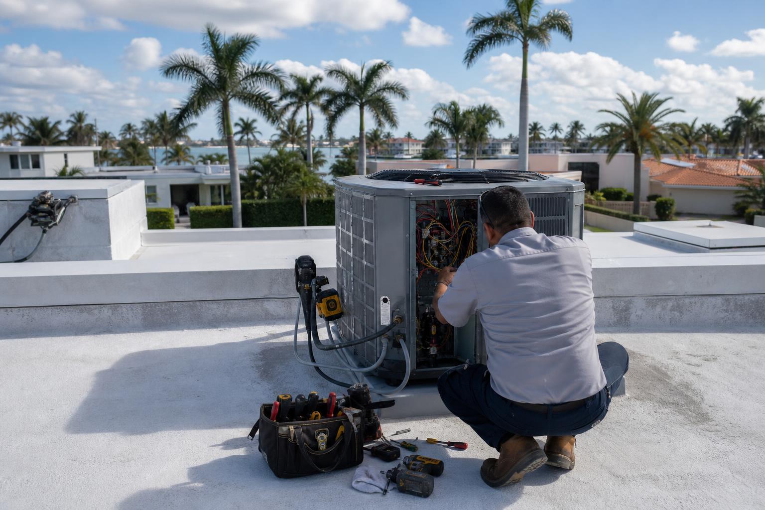 AC technician servicing a rooftop condenser on a concrete-block home in Miami, Florida, with royal palms and a bright sky behind