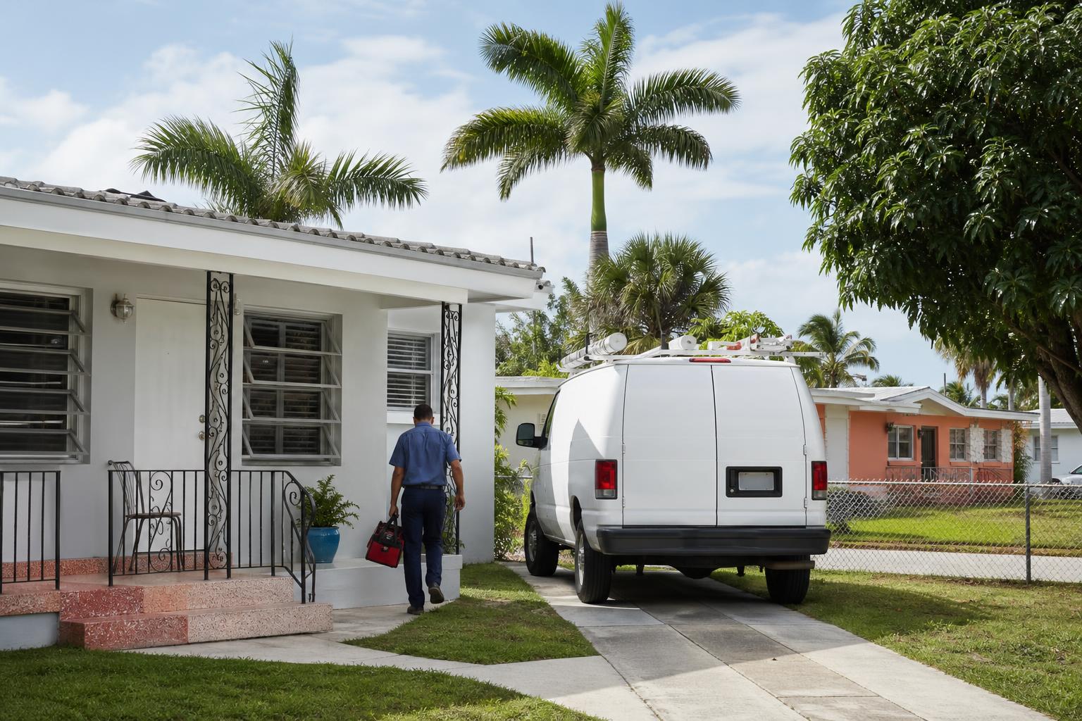 Plumbing and AC service van in the driveway of a 1960s concrete-block home with jalousie windows and a terrazzo step in a Miami-Dade neighborhood