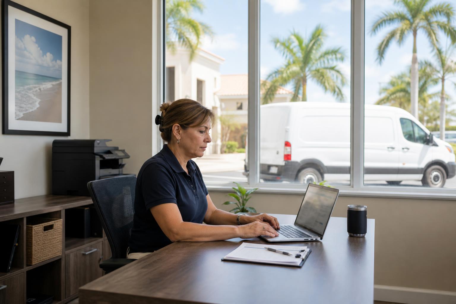 Owner of a Naples, Florida home-service company reviewing a laptop at her desk with a service van parked outside the window