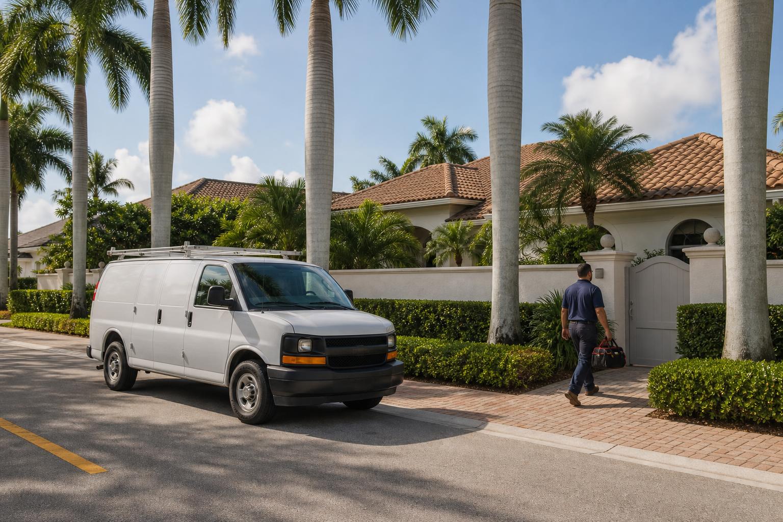 HVAC service van parked on a palm-lined residential street in Old Naples, Florida, with a technician carrying a tool bag toward the gate of a stucco home