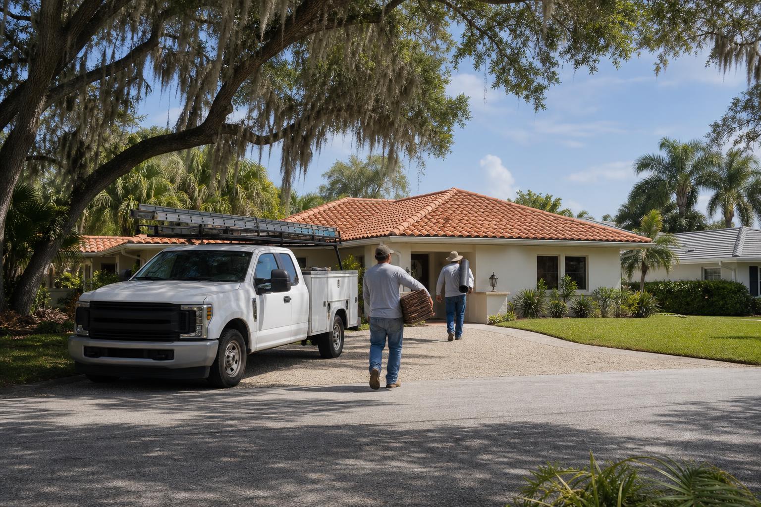 Roofing crew truck parked outside a mid-century ranch home with a barrel-tile roof under live oaks in Sarasota, Florida