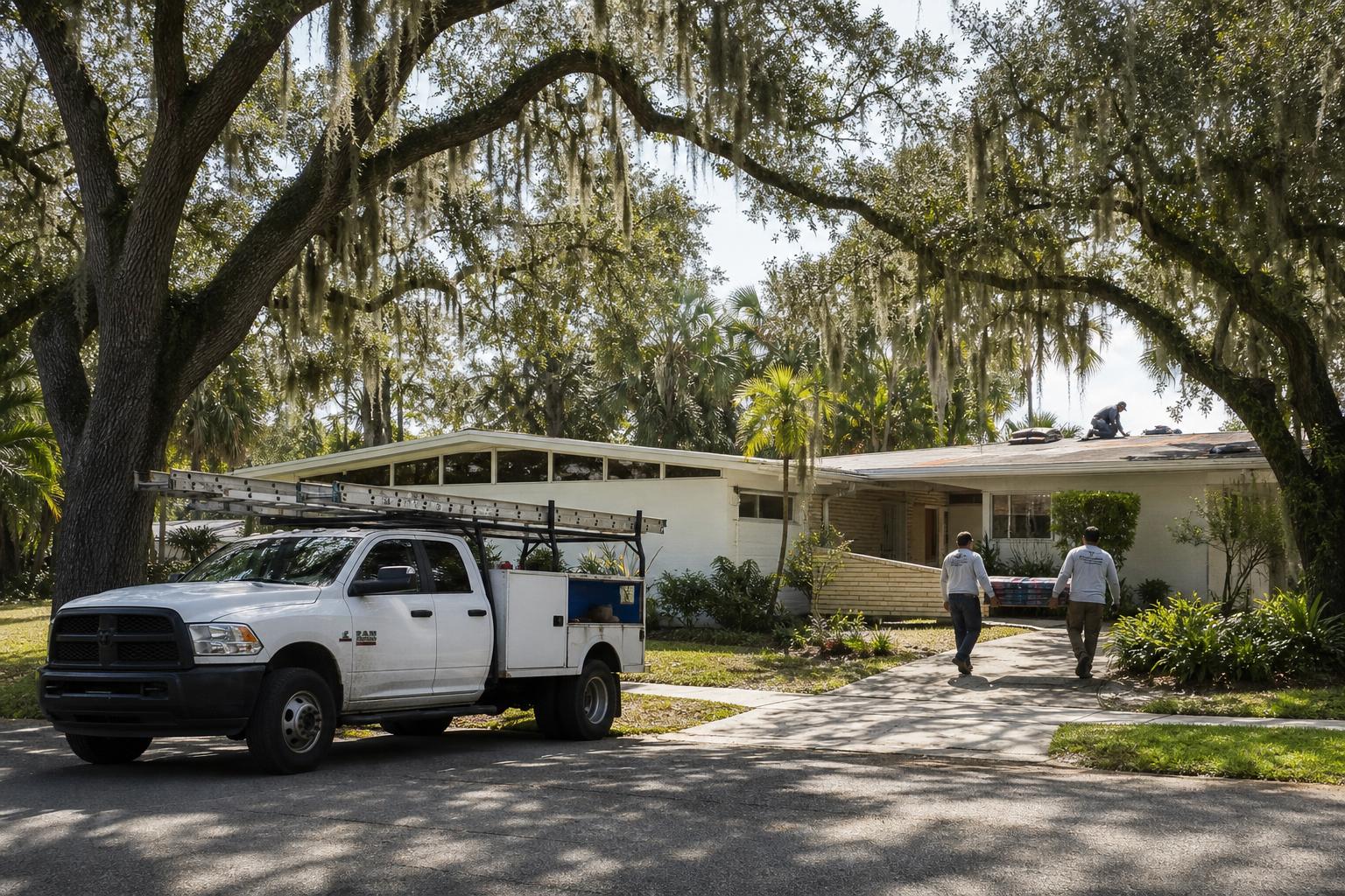 Roofing crew's work truck parked under live oaks outside a mid-century Sarasota, Florida home while two roofers carry materials up the driveway