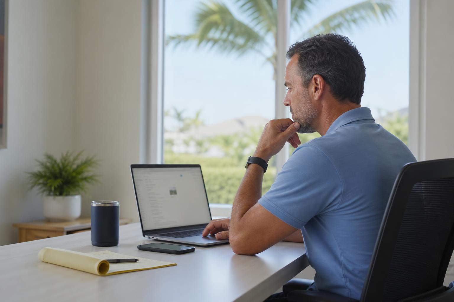 Business owner reviewing search results on a laptop in a Southwest Florida office