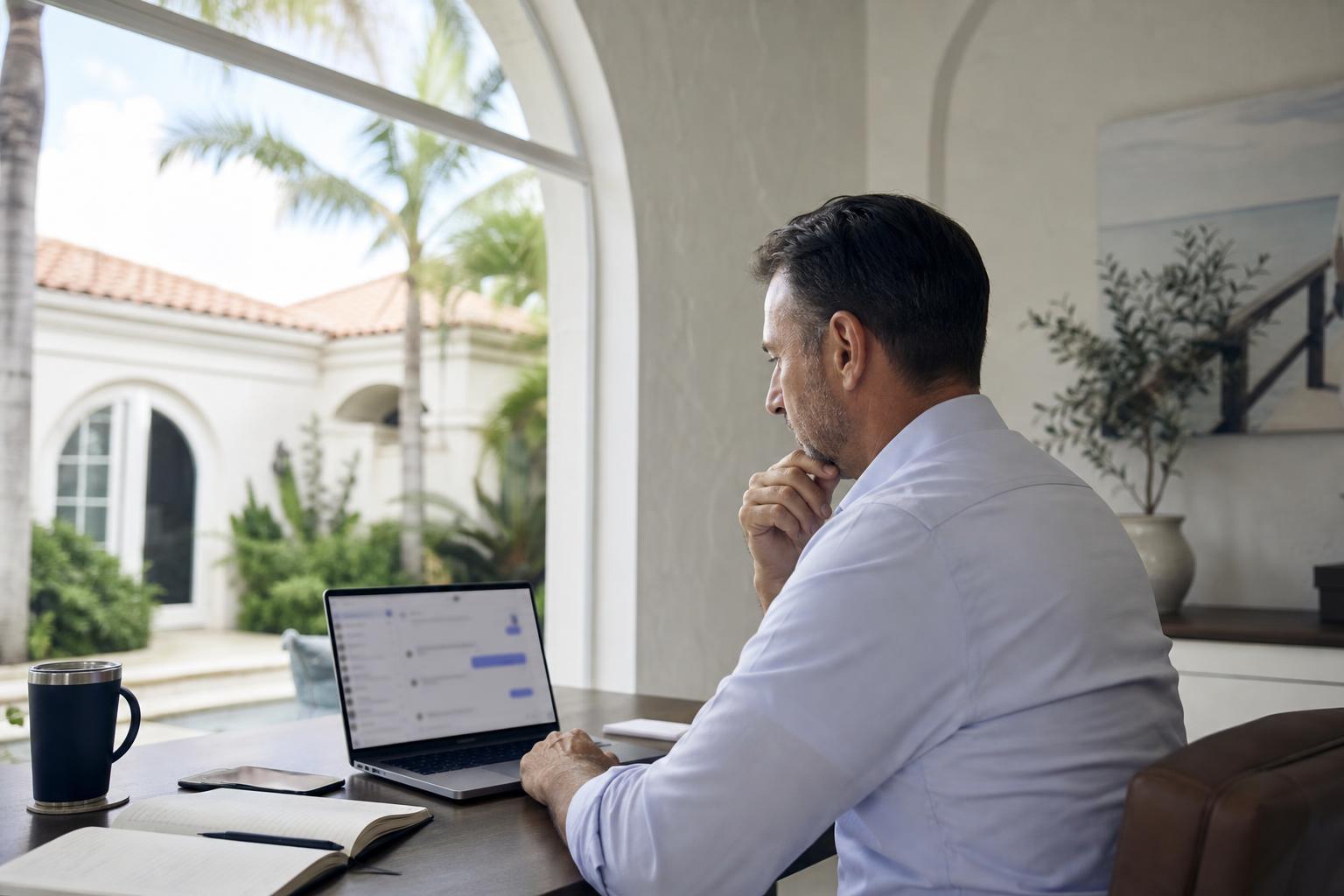 Business owner at a desk reviewing a chat AI interface on a laptop, thinking expression, Florida office