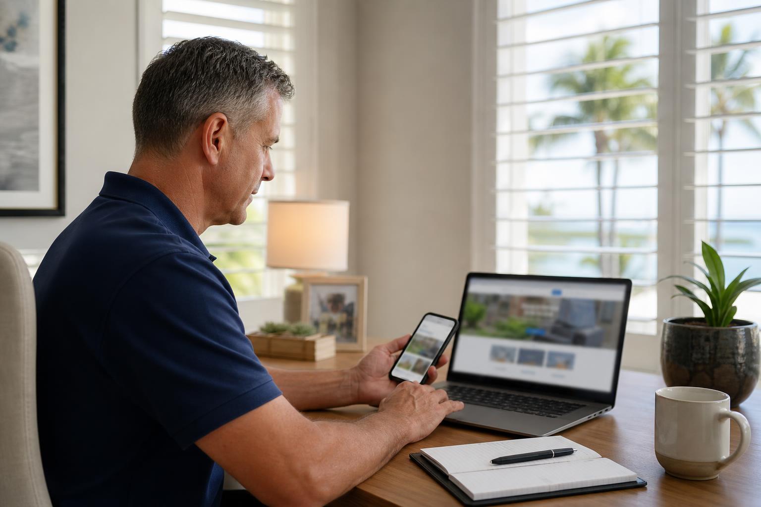 Owner at a desk comparing an out-of-focus website on a laptop with a phone in a bright calm office